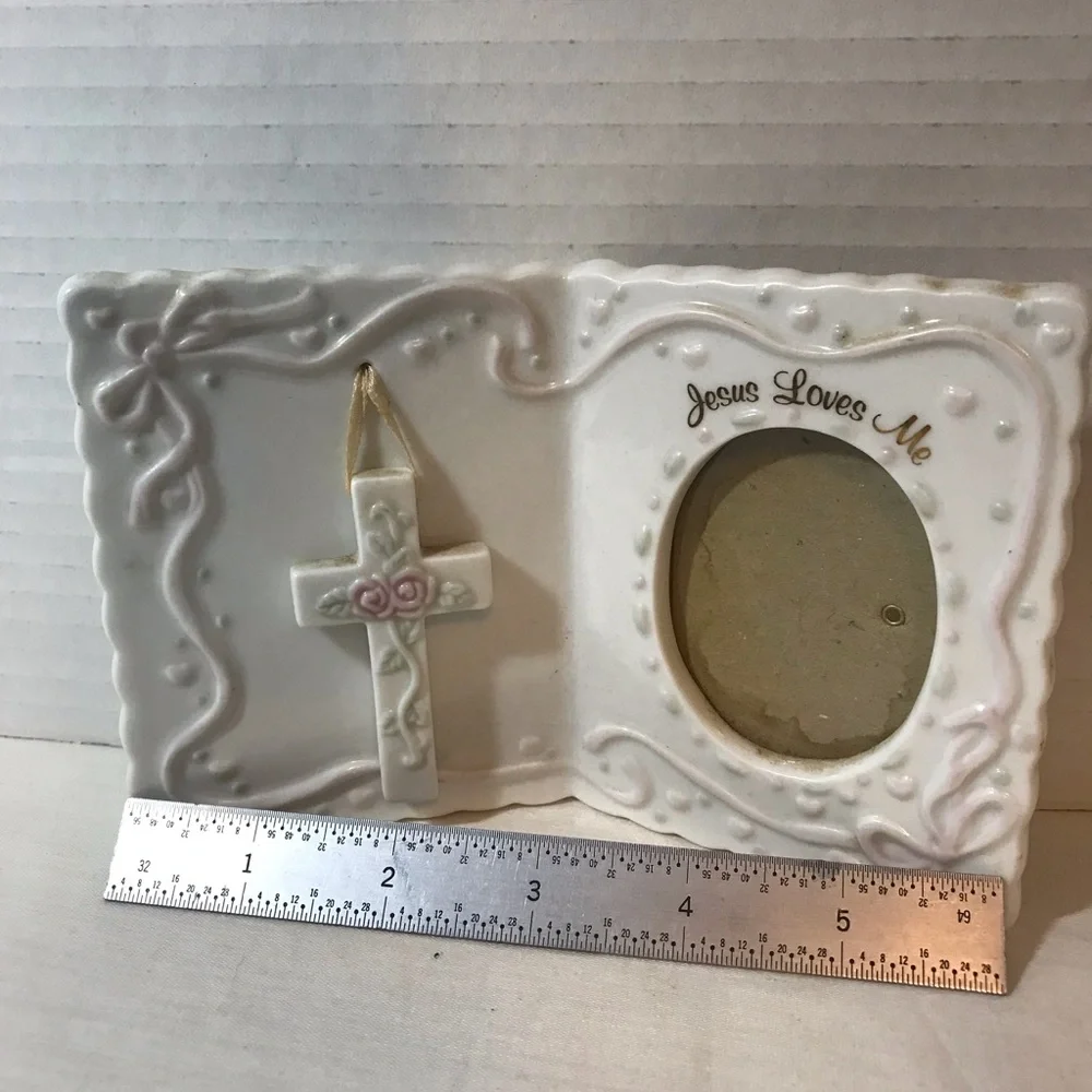 Russ Berrie White Ceramic Frame with Pink Accents and Cross